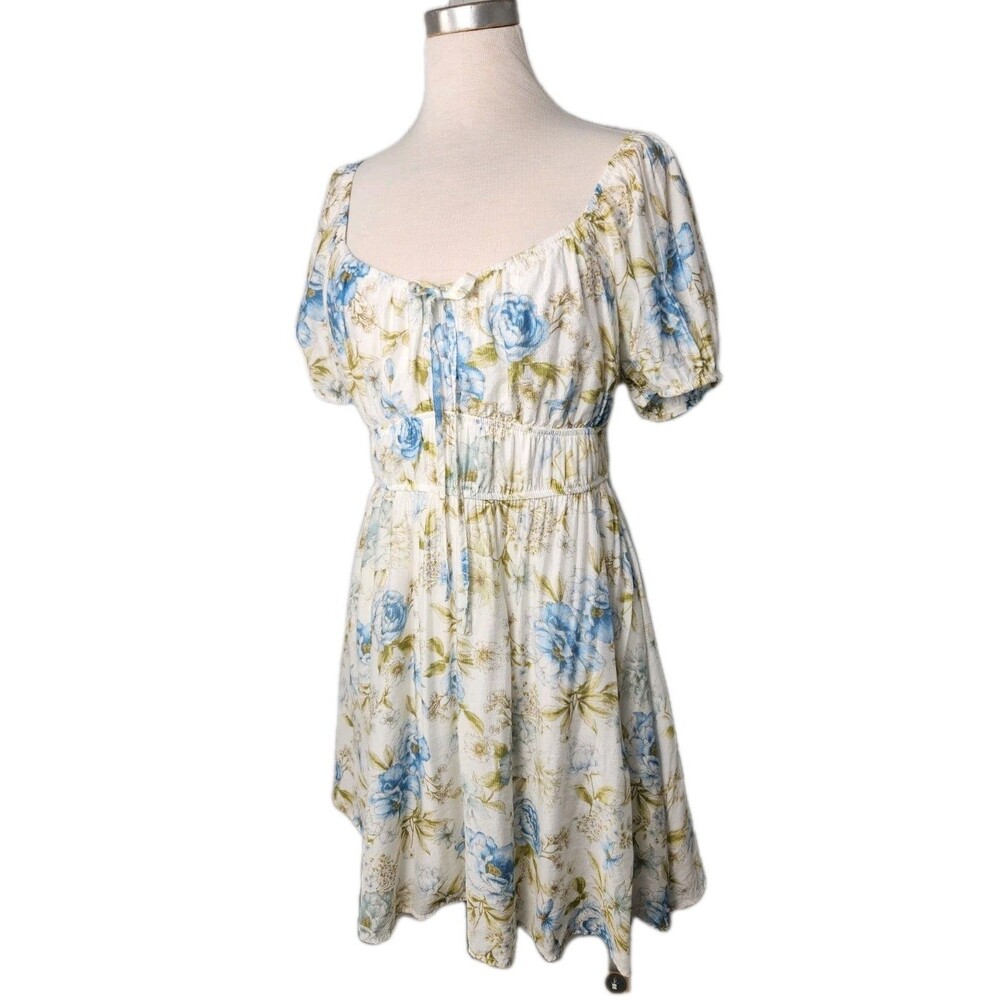 Blu Pepper Floral Mini Dress Small Cottagecore Boho Puff Sleeve Smocked Waist